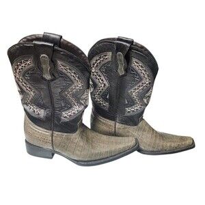 Ausente Caiman Tail Alligator Skin Cowboy Boots Embroidered Olive Green/Black 11